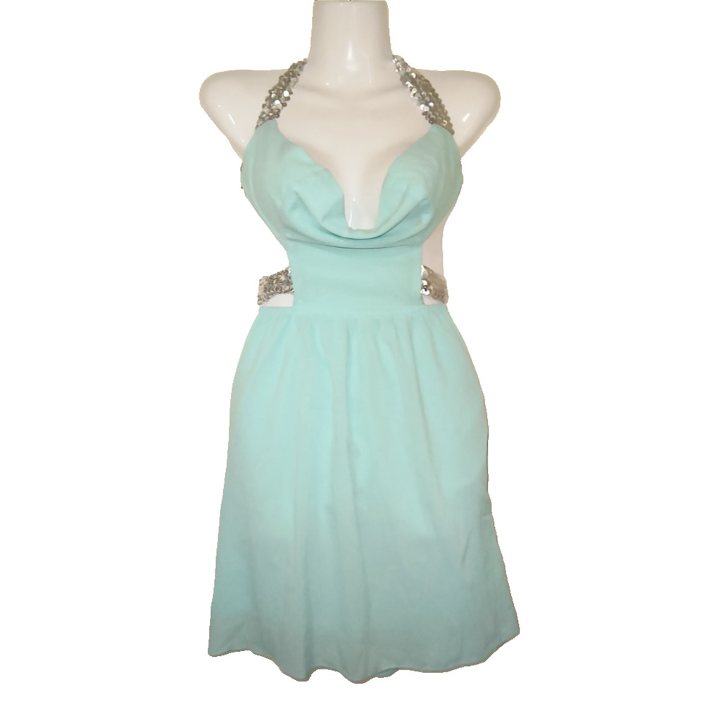 OH MY JULIAN Light Blue Sleeveless Halter Sequin Waist Dress Size M W006